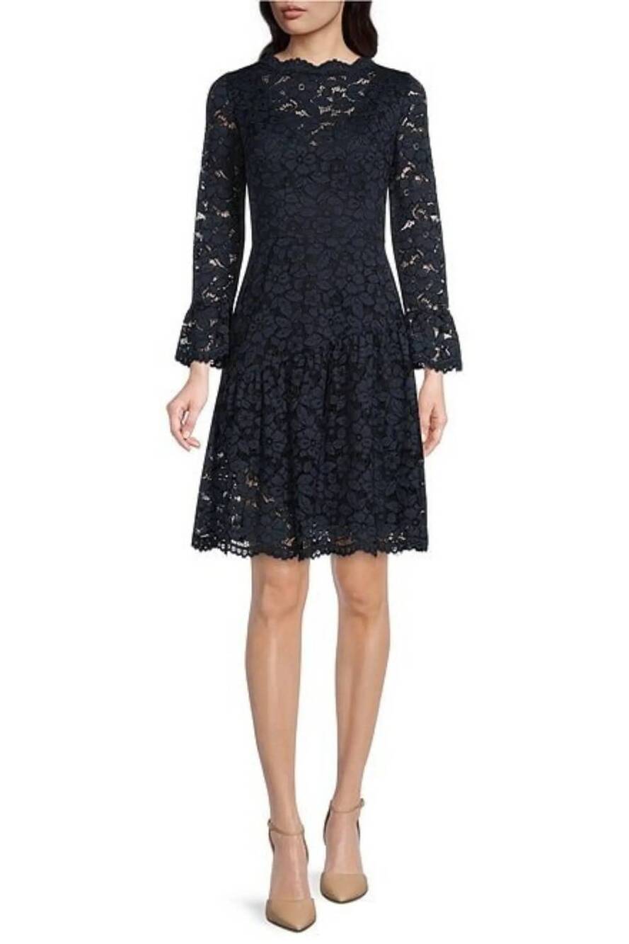 NEW MAGGY LONDON lace bell sleeve short party dress in light navy